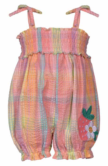 GERSON & GERSON Strawberry Appliqué Plaid Cotton Romper