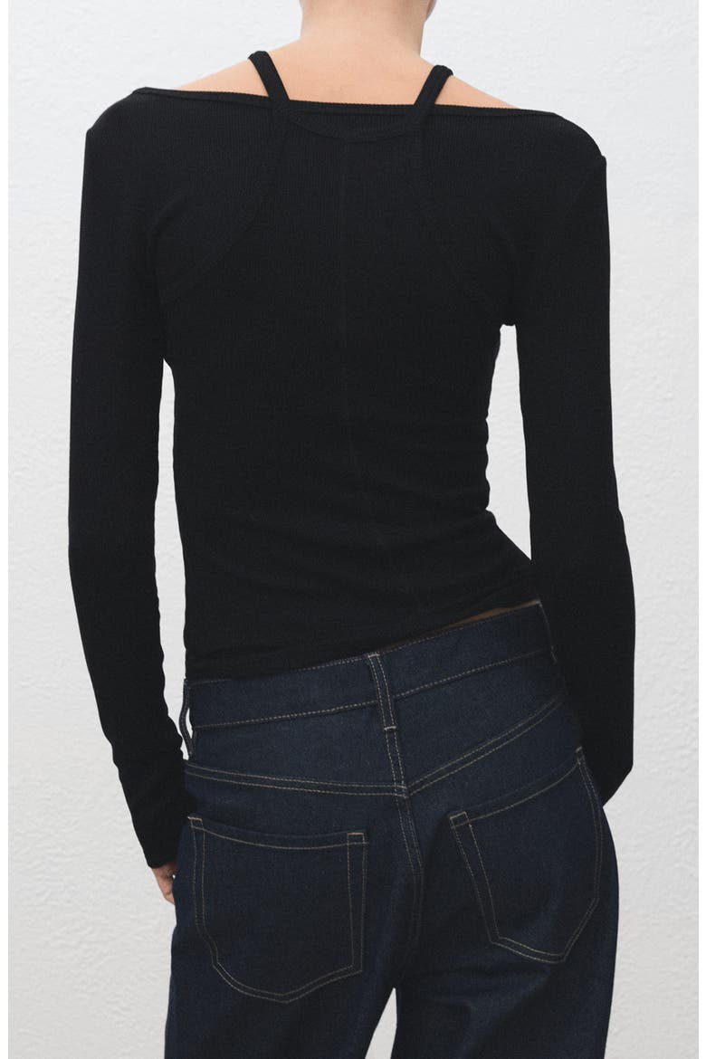 Layered Look Long Sleeve Rib T-Shirt, Alternate, color, BLACK