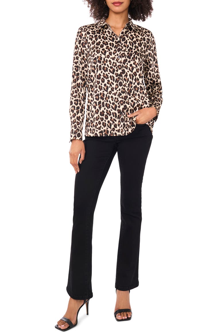 Print Button-Up Shirt, Alternate, color, RICH BLACK LEOPARD