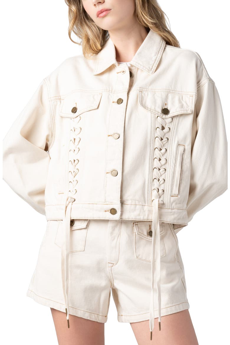 Lace-Up Denim Jacket, Alternate, color, CREAM TART