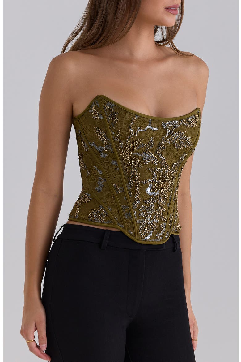 Calliope Embellished Lace Corset Top, Alternate, color, OLIVE