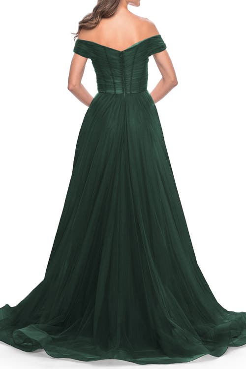 La Femme A-line Tulle Prom Dress With Off The Shoulder Top In Dark Emerald