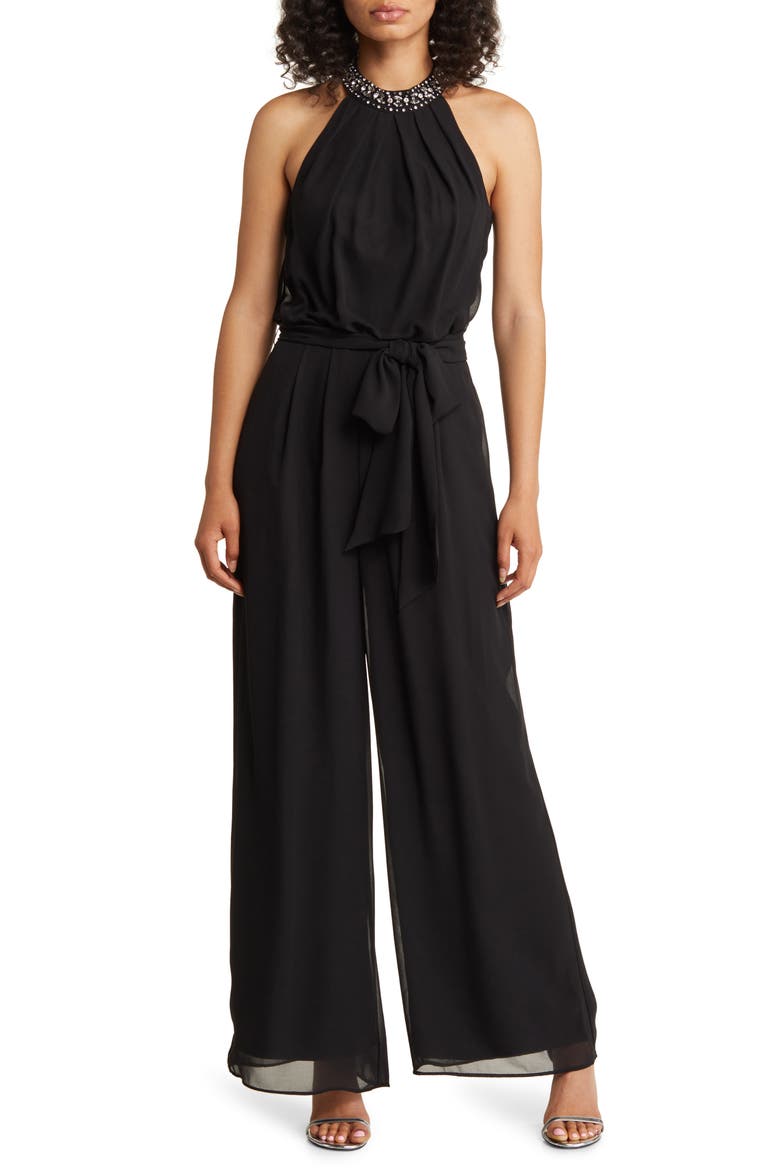 Embellished Wide Leg Jumpsuit, Main, color, BLACK
