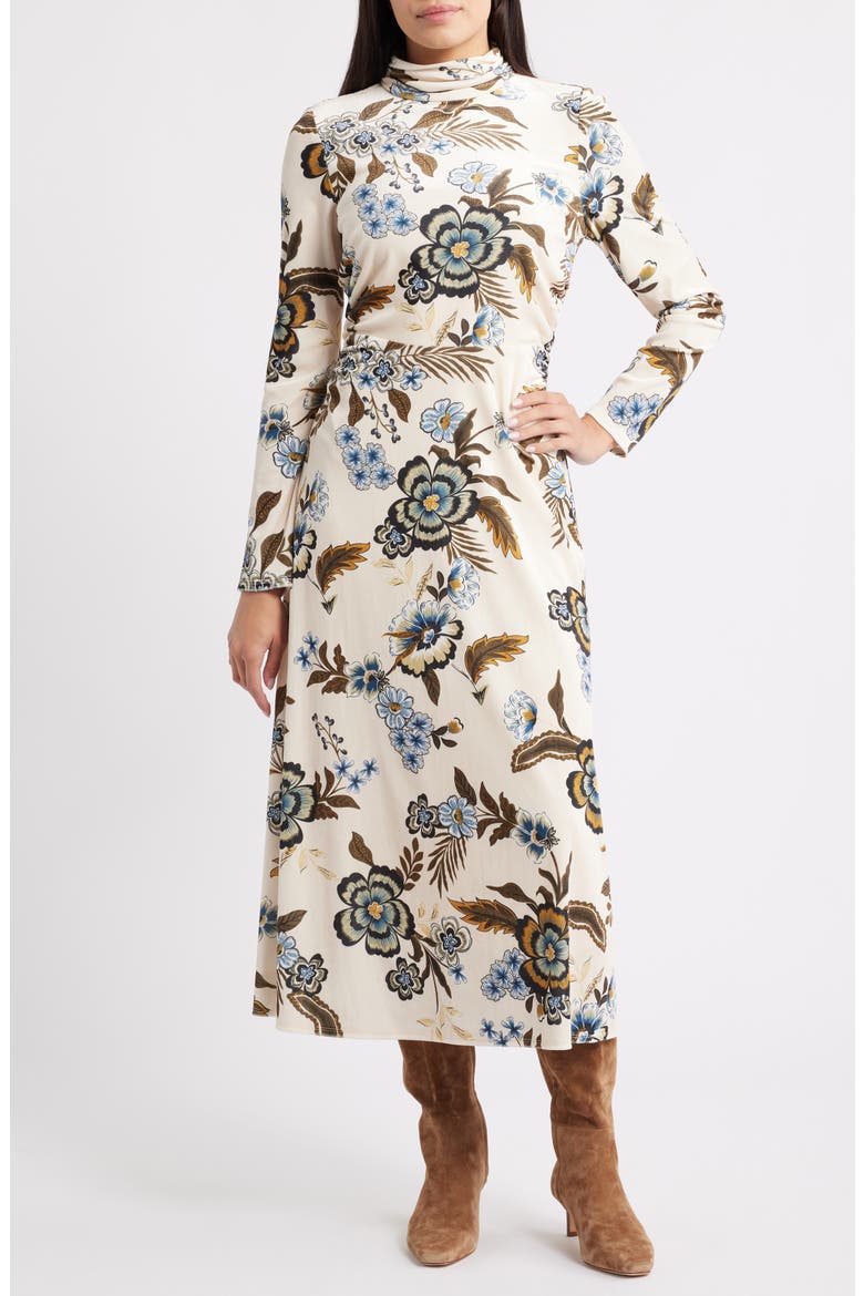 Floral Long Sleeve Velvet Dress, Main, color, IVORY MULTI