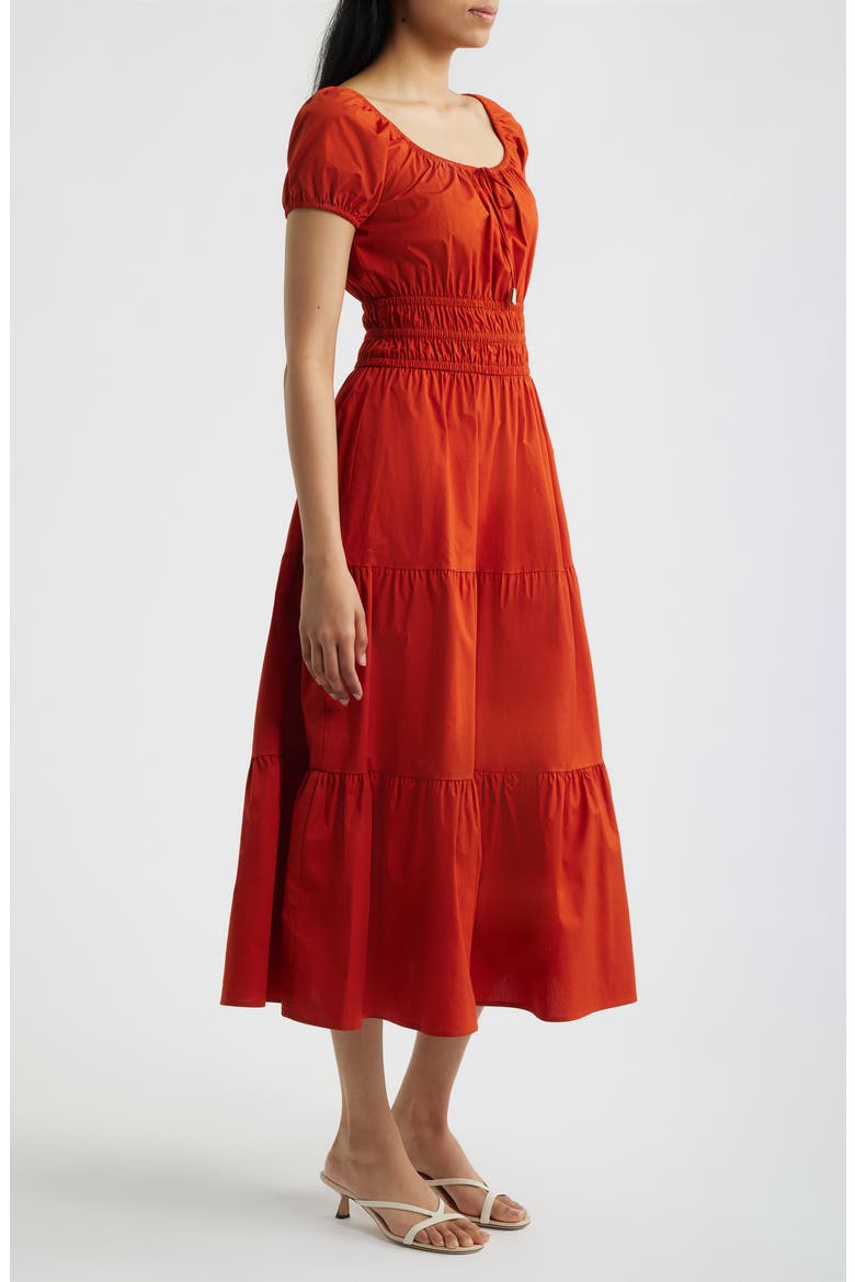 Smocked Tiered Midi Dress, Alternate, color, CHILI