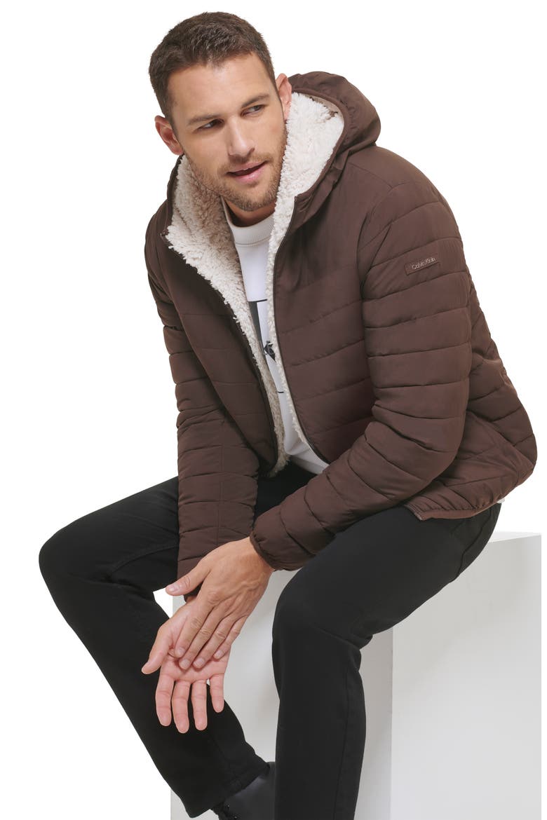Faux Shearling Lined Hooded Puffer Jacket, Alternate, color, BROWN