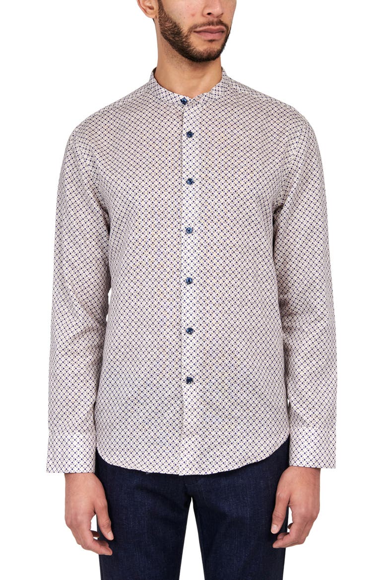 Slim Fit Geo Linen Cotton Banded Collar Long Sleeve Shirt, Main, color, TAN/BLUE