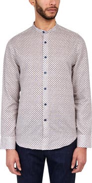 Brooklyn Brigade Slim Fit Geo Linen Cotton Banded Collar Long Sleeve Shirt
