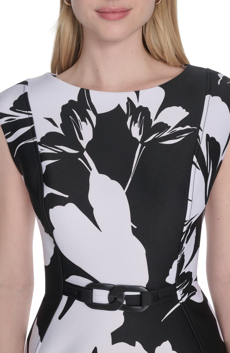 Calvin Klein Floral Print Chain Belt Sheath Dress, Alternate, color, Black/ White