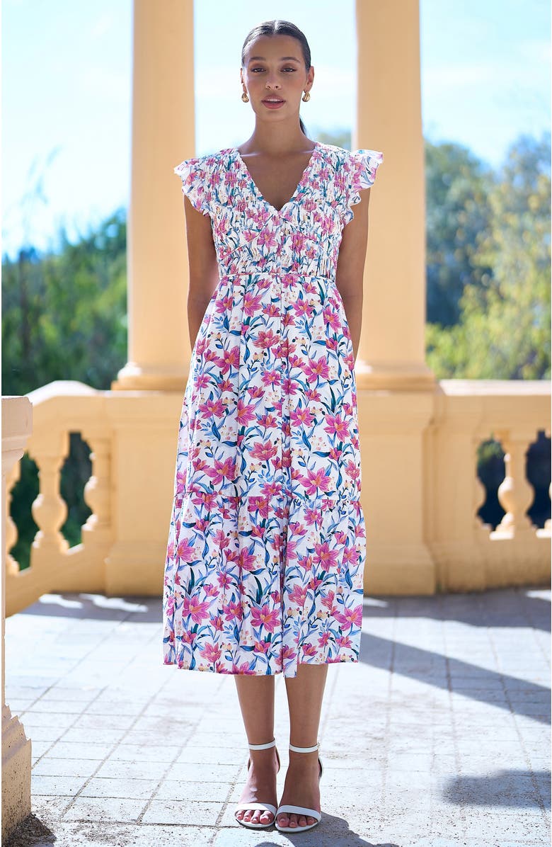 Yumi Viscose Floral Ruched Waist Midi Dress, Alternate, color, White