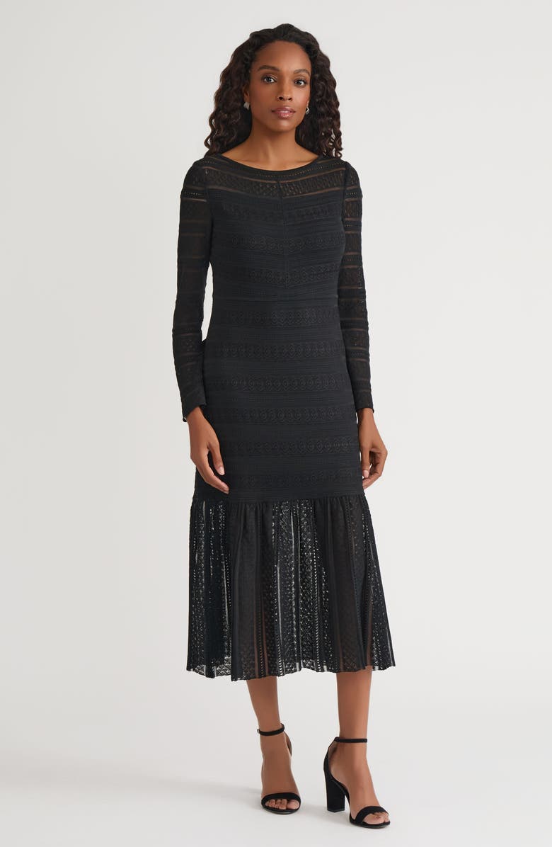 Misook Fit & Flare Lined Sheer Lace Soft Knit Maxi Dress, Main, color, 