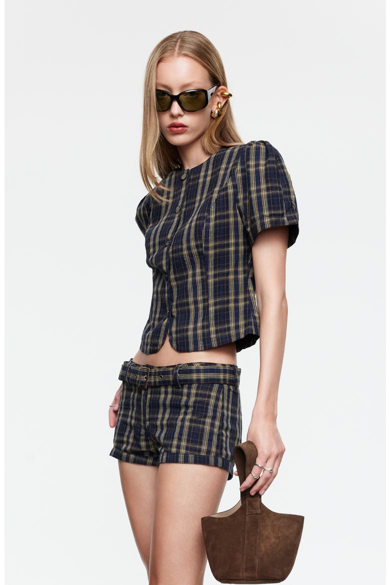 Femme Plaid Button-Up Top, Alternate, color, NAVY LEMON PLAID