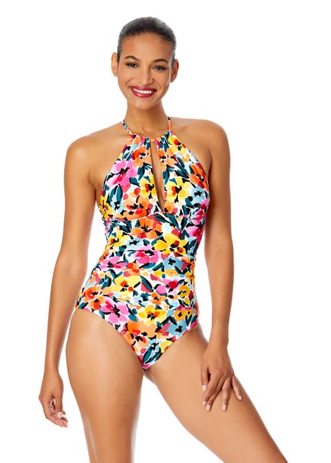 Women's Watercolor Paisley High Neck With Ruffled Straps One Piece Swimsuit