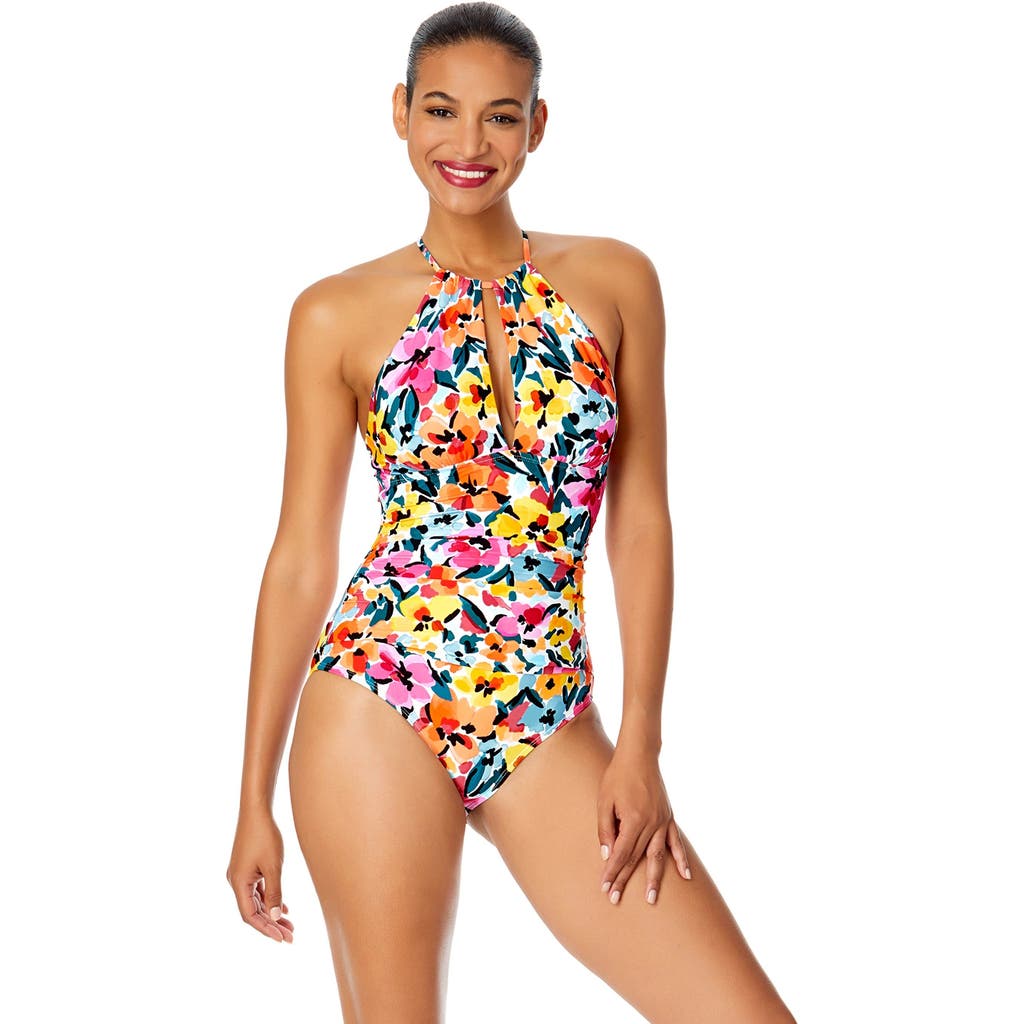 ANNE COLE WATERCOLOR PAISLEY HIGH NECK WITH RUFFLED STRAPS ONE PIECE SWIMSUIT