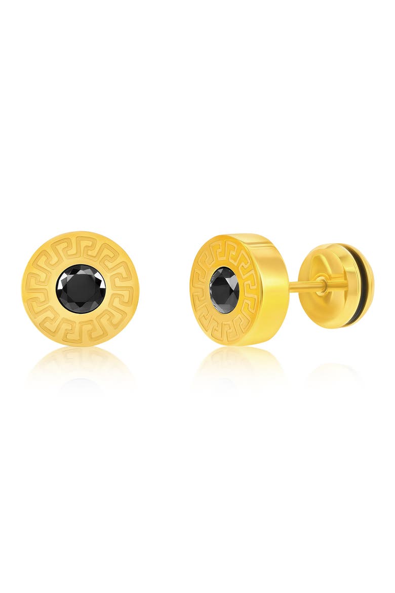 Men's Cubic Zirconia Greek Key Round Stud Earrings, Main, color, GOLD