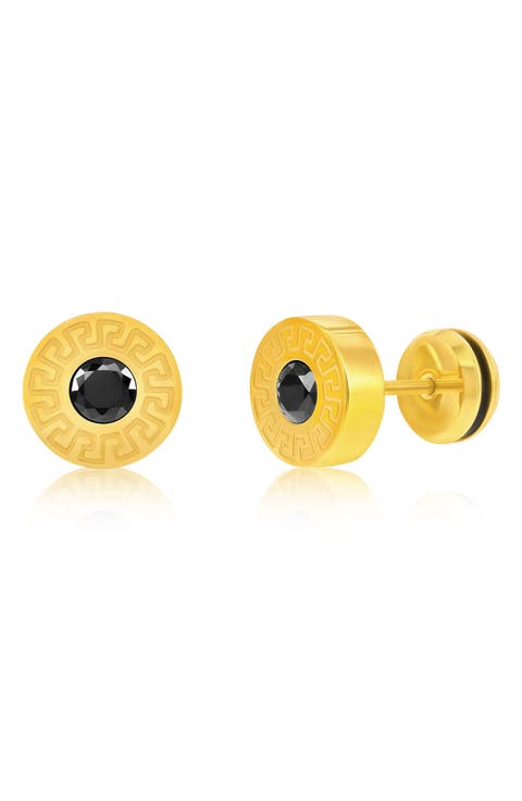 Men's Cubic Zirconia Greek Key Round Stud Earrings