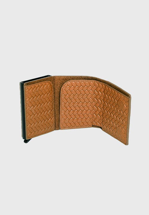 Furniq Uk Genuine Leather Weave Pattern Trifold Card Holder In Brown