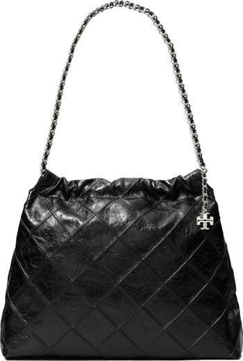 Authentic top Tory Burch Black Quilted Leather Small Fleming Tote.