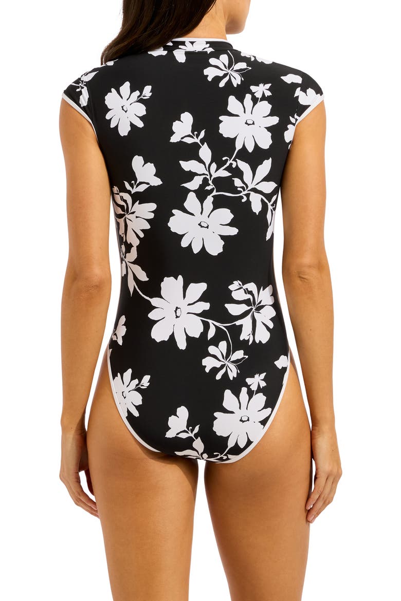 Cap Sleeve Zip Front One-Piece Swimsuit, Alternate, color, BLACK