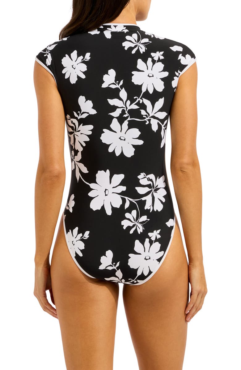 Seafolly Cap Sleeve Zip Front One-Piece Swimsuit, Alternate, color, Black