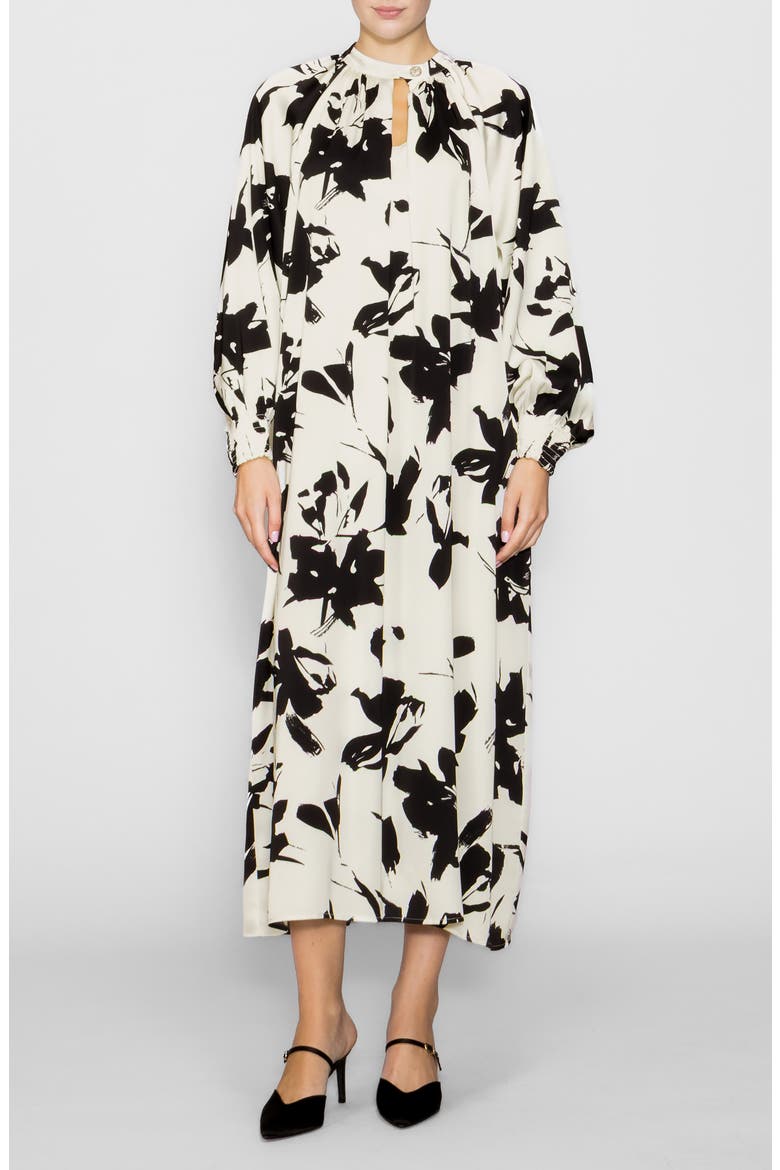 Floral Print Long Sleeve Maxi Dress, Main, color, BONE/ BLACK PRINT