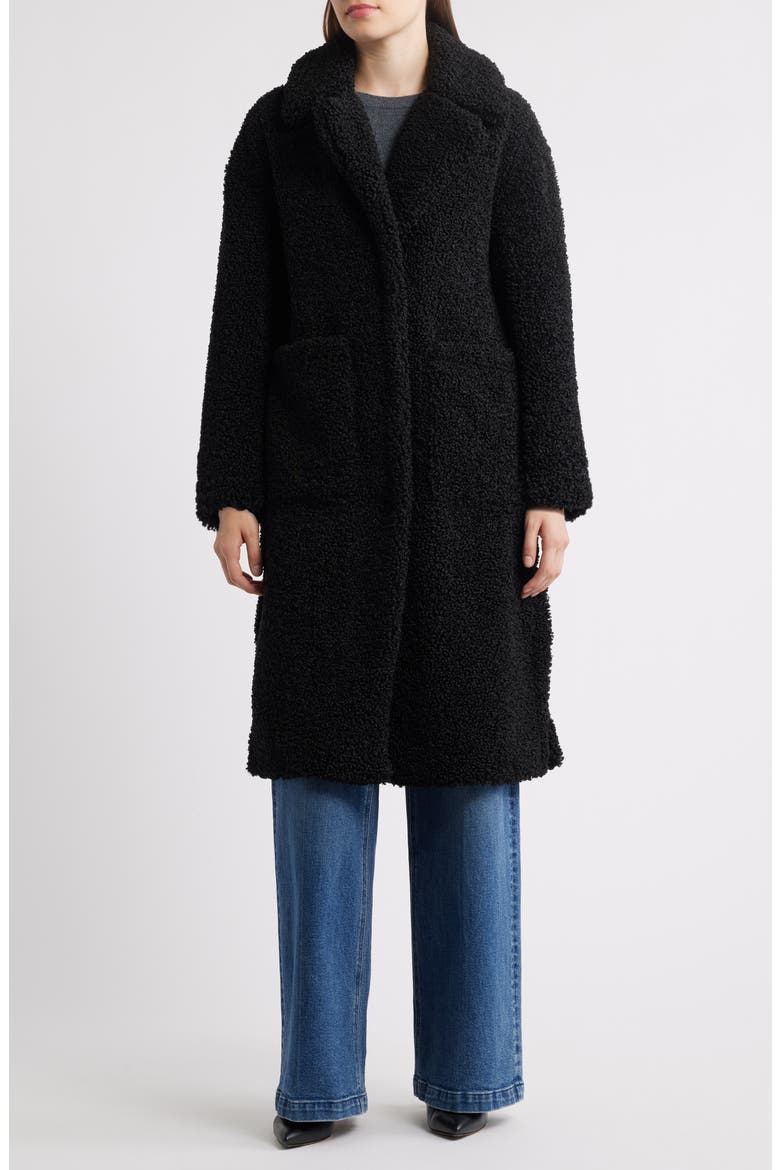 Notch Collar Faux Shearling Long Coat, Main, color, BLACK