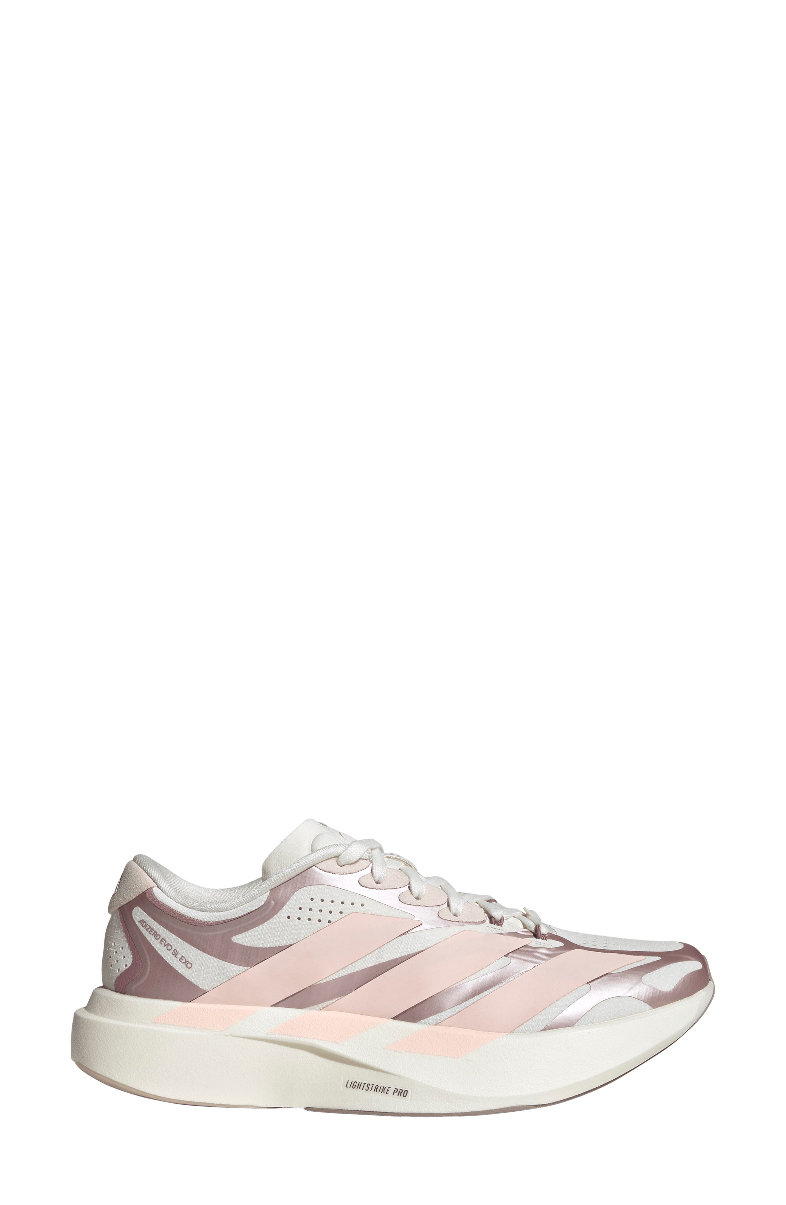 Adizero Evo SL EXO Running Shoe, Alternate, color, WHITE/ PINK/ VAPOUR GREY