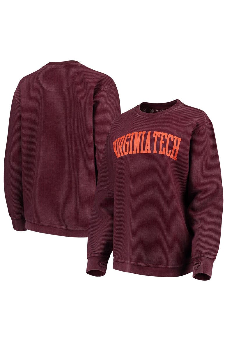 Women's Pressbox Maroon Virginia Tech Hokies Comfy Cord Vintage Wash Basic Arch Pullover Sweatshirt, Alternate, color, MAROON