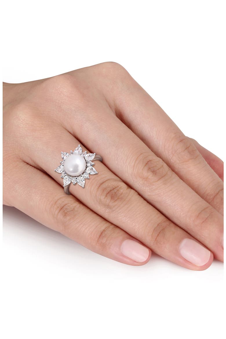 Cultured White Pearl & Lab Grown Sapphire Halo Ring, Alternate, color, WHITE GOLD