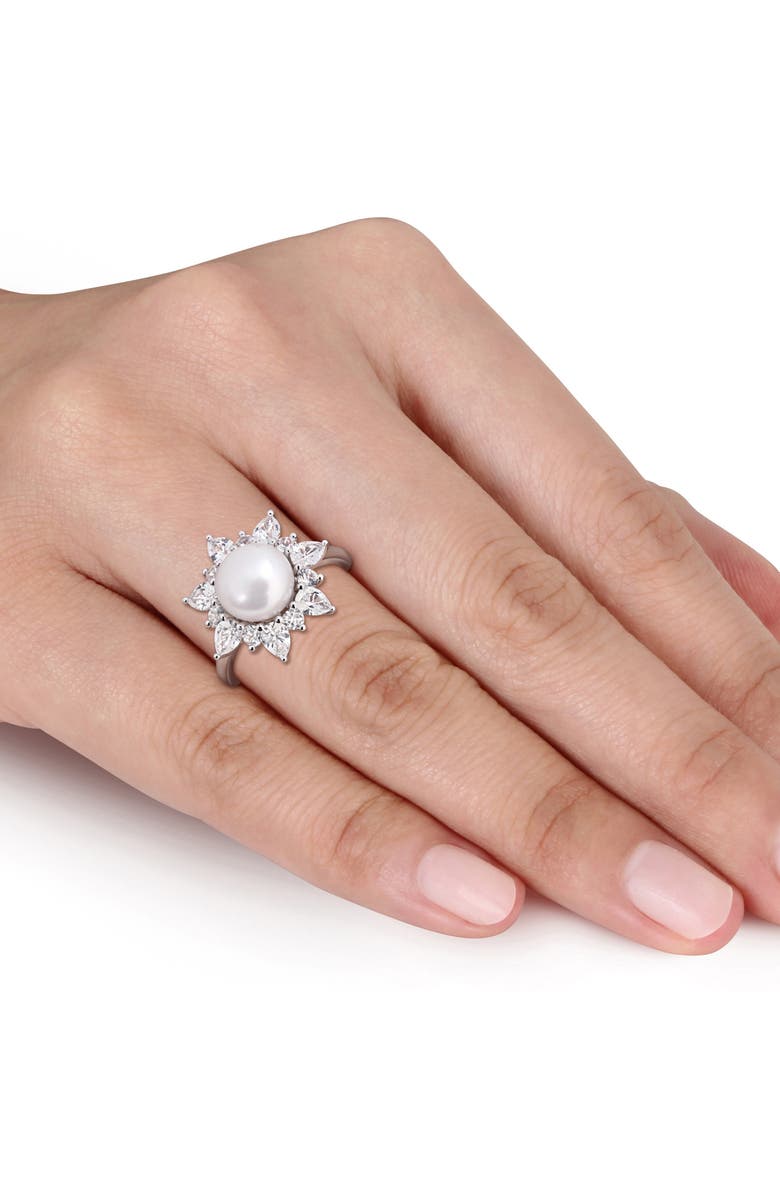 DELMAR Cultured White Pearl & Lab Grown Sapphire Halo Ring, Alternate, color, 