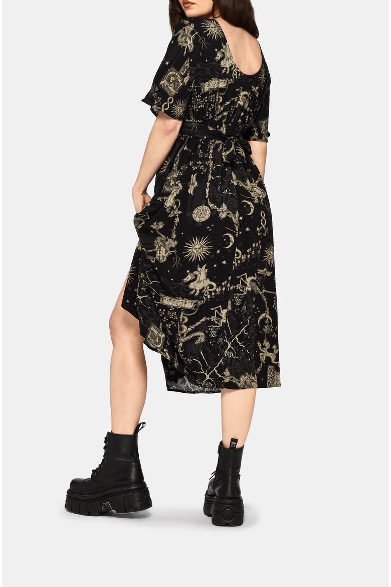 Isolde Medieval Map Tie Back Midi Dress, Alternate, color, Black