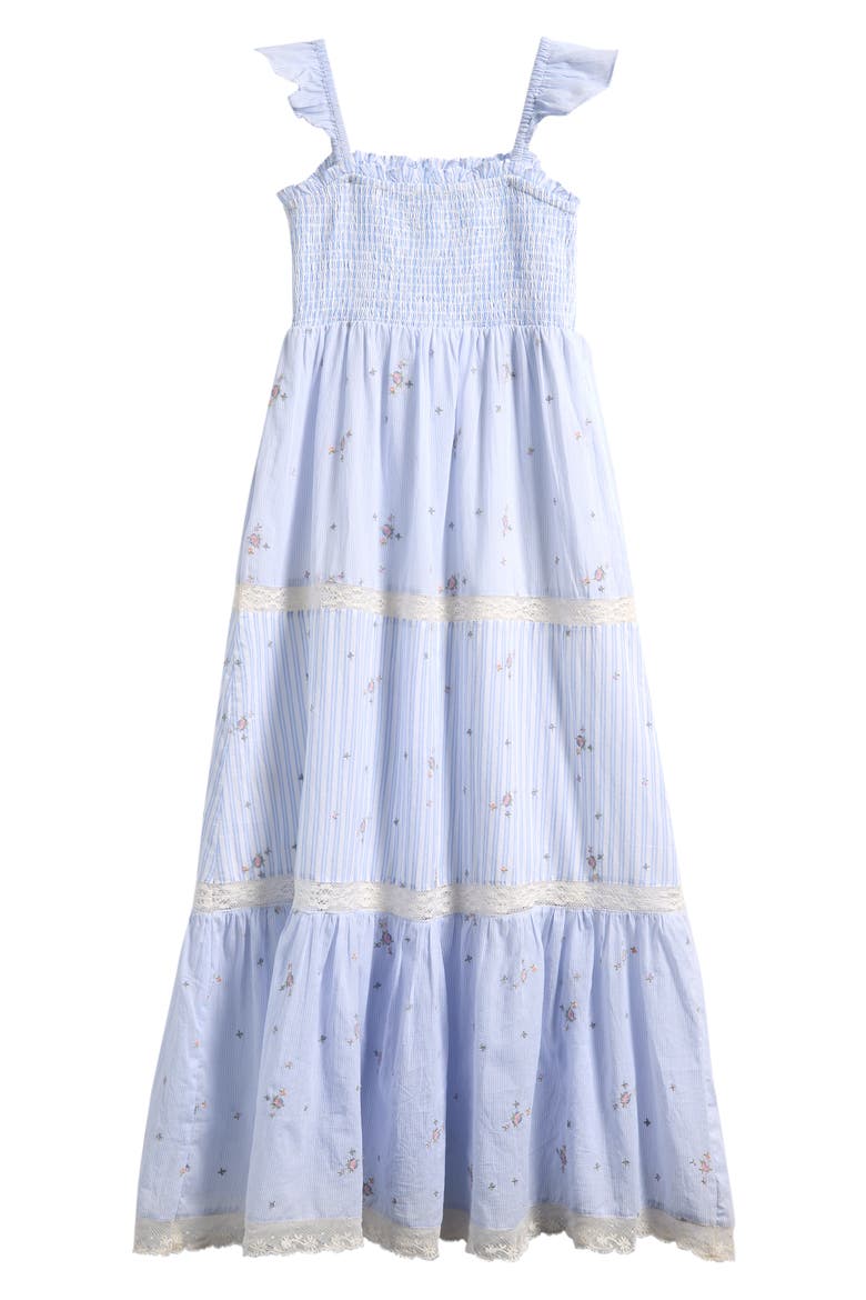 Kids' Rhiannon Floral Lace Trim Tiered Midi Dress, Alternate, color, SKY MIST