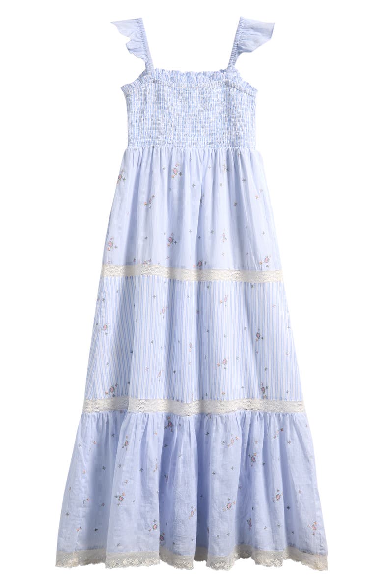 LoveShackFancy Kids' Rhiannon Floral Lace Trim Tiered Midi Dress, Alternate, color, Sky Mist