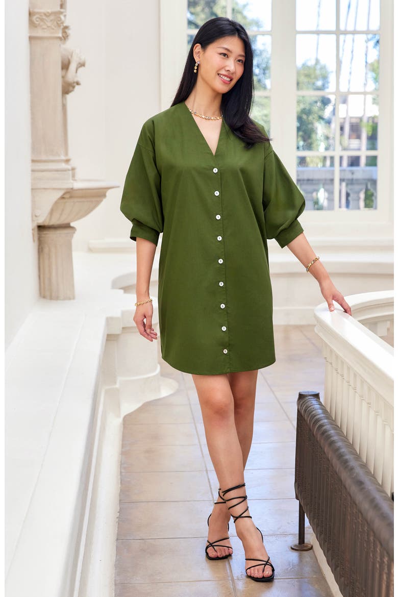 Puff Sleeve Pearly Button Dress, Alternate, color, OLIVE