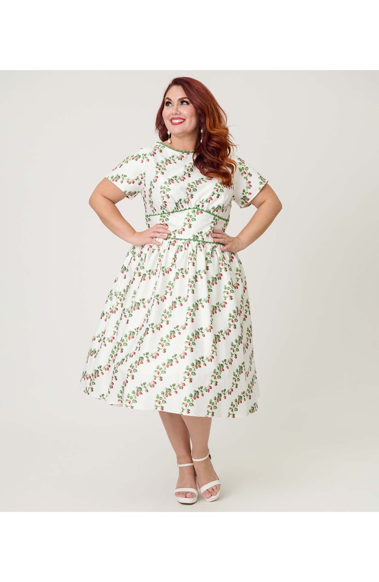Unique Vintage Plus Size Smocked Back Swing Dress, Main, color, White W/ Strawberry Print