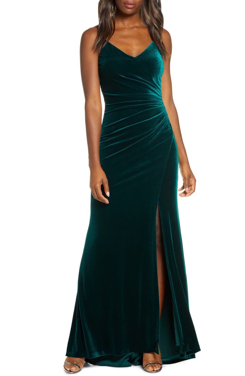 Vince Camuto Ruched Side Slit Velvet Evening Gown, Main, color,
