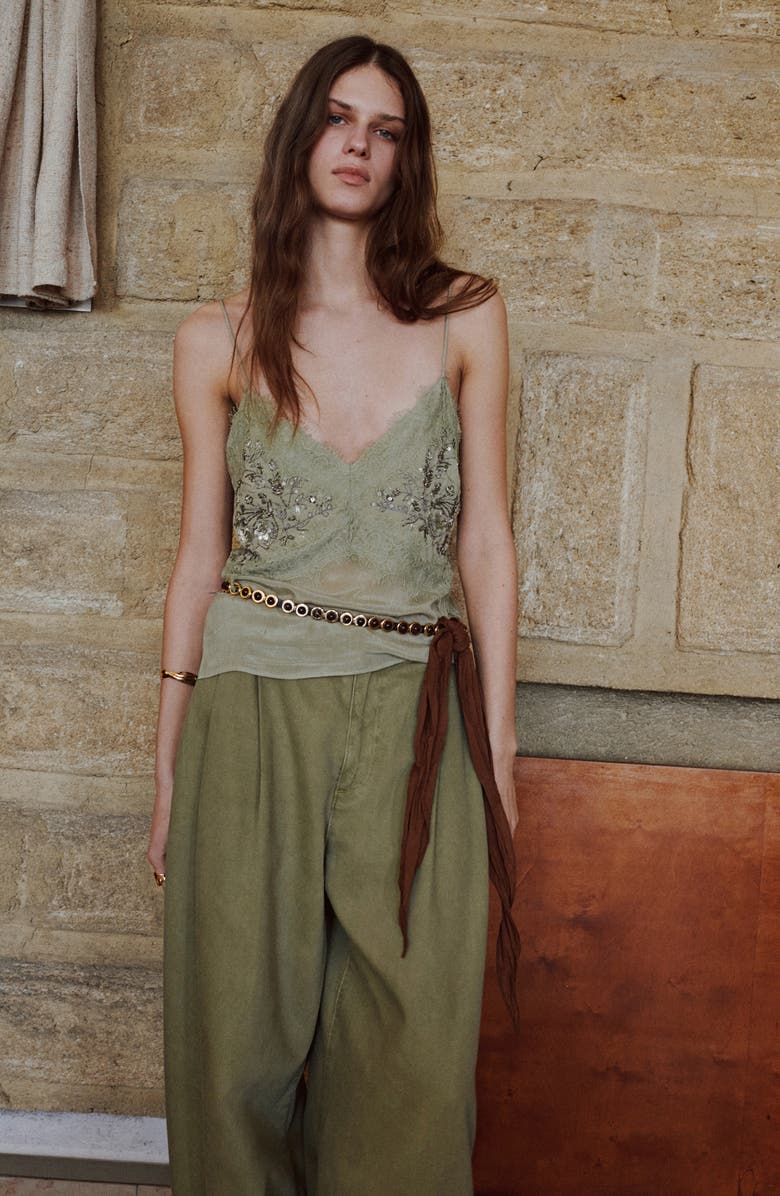 MANGO Guru Micro Beaded Embroidered Eyelash Lace Camisole, Alternate, color, Green