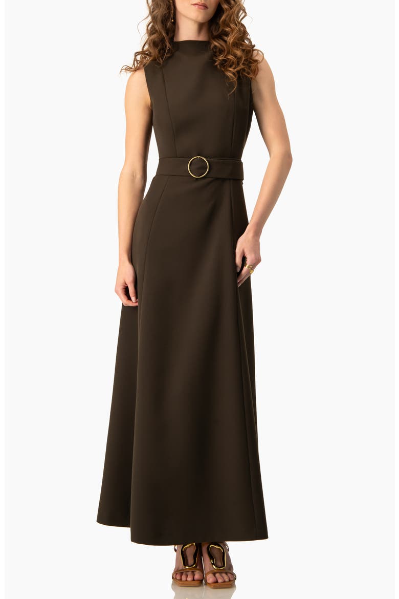 Sleeveless Belted A-Line Maxi Dress with Ring Buckle, Main, color, Olive Green