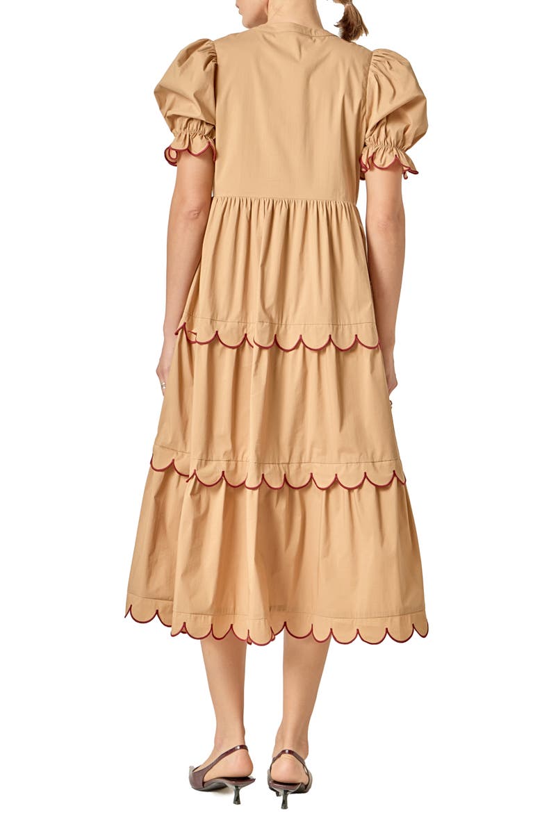 English Factory Contrast Scalloped Trim Cotton Midi Dress, Alternate, color, Tan/ Burgundy