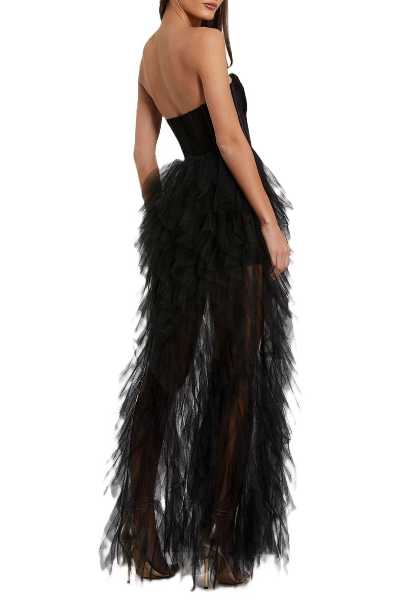 Mac Duggal Strapless Bustier Net Gown With Spiral Ruffles, Alternate, color, Black