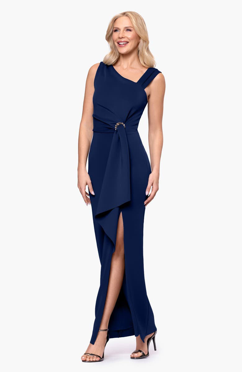 Betsy & Adam Asymmetric Neck Ruffle Detail Scuba Crepe Gown, Alternate, color, Navy