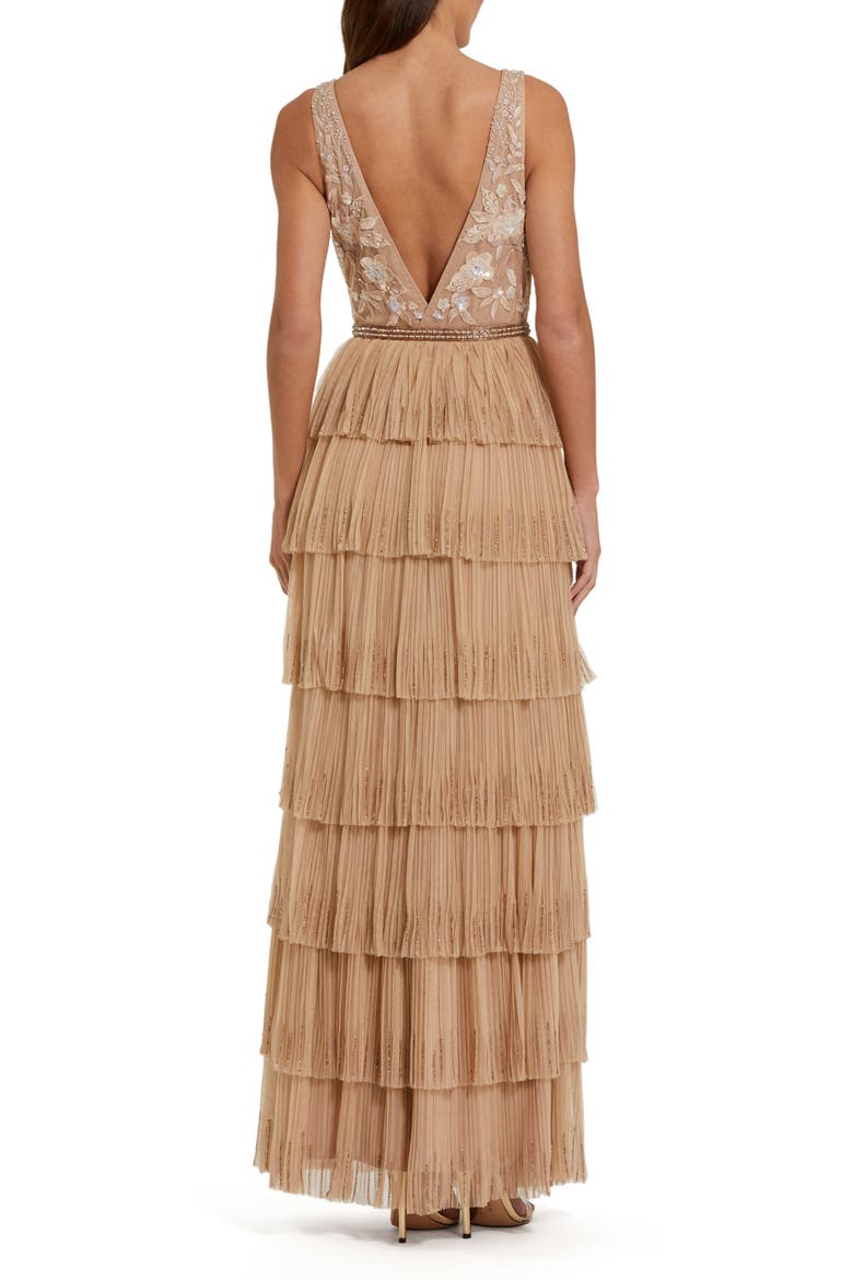 Floral Beaded V Neck Tiered Ruffle Mesh Gown, Alternate, color, Beige