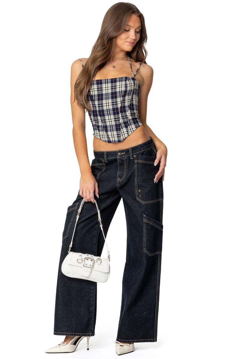 EDIKTED Leon Plaid Lace-Up Corset Top, Alternate, color, Navy