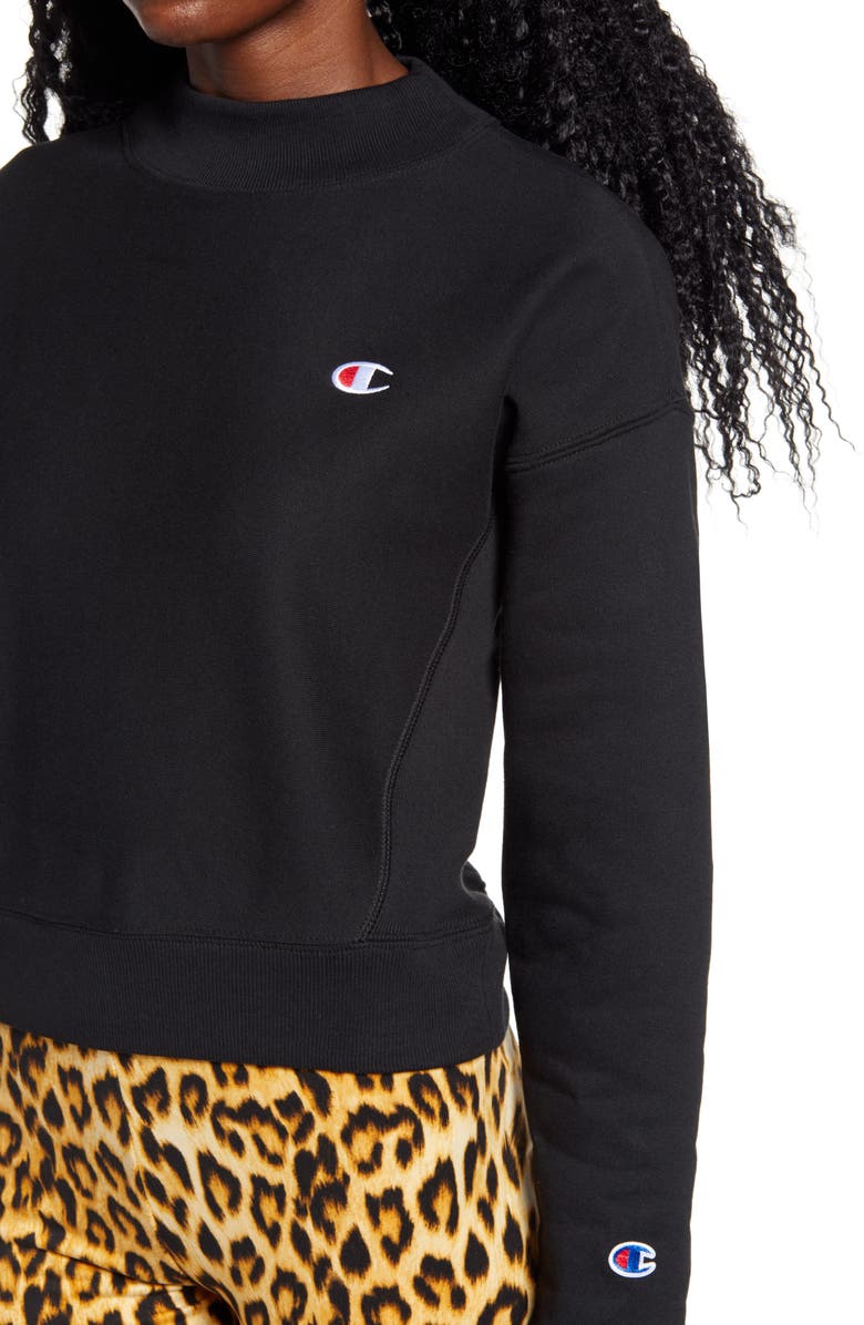 Champion Mock Neck Reverse Panel Crop Sweatshirt, Alternate, color, Black