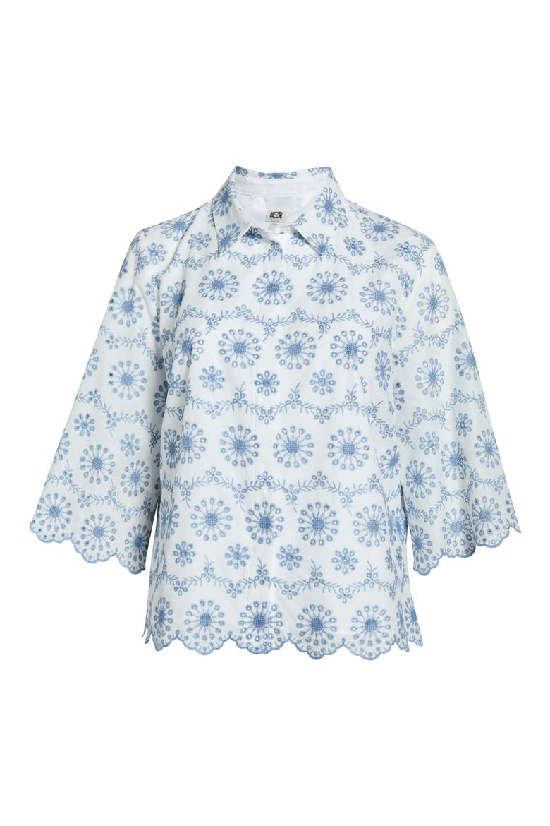 Scallop Eyelet Button Up Shirt, Alternate, color, CRISP WHITE/LAGOON