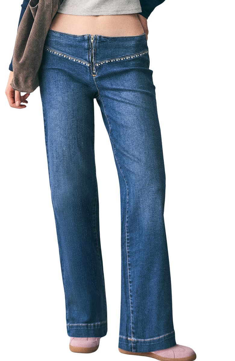 MANGO TEEN Low Rise Stud Wide Leg Jeans, Main, color, Dark Blue