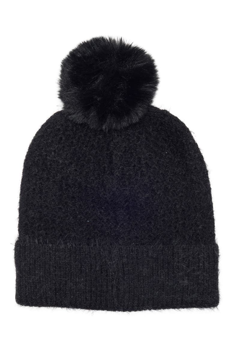 Star Embellished Faux Fur Pom Beanie, Alternate, color, BLACK