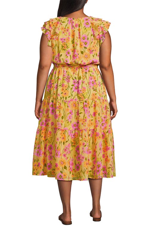 LANDS' END LANDS' END PLUS SIZE RUFFLE SLEEVE CHIFFON TIERED MIDI DRESS