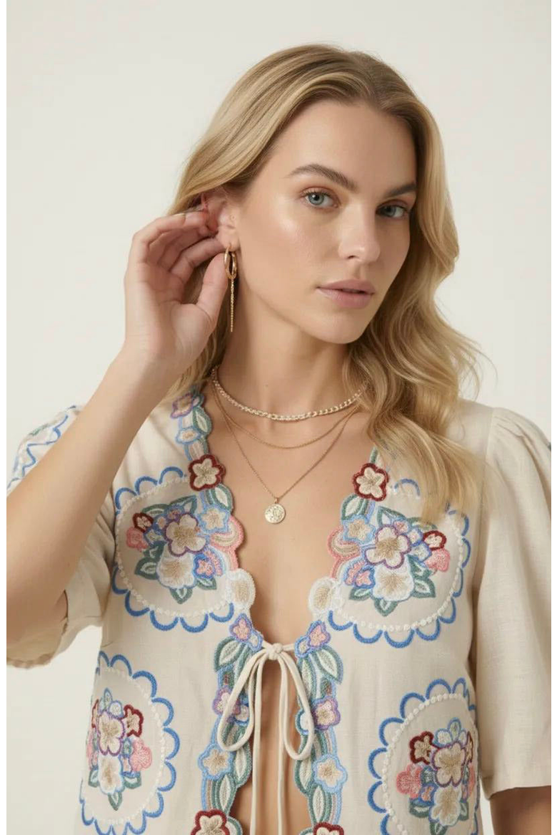 Floral Embroidered Tie Front Cropped Top, Alternate, color, Ecru