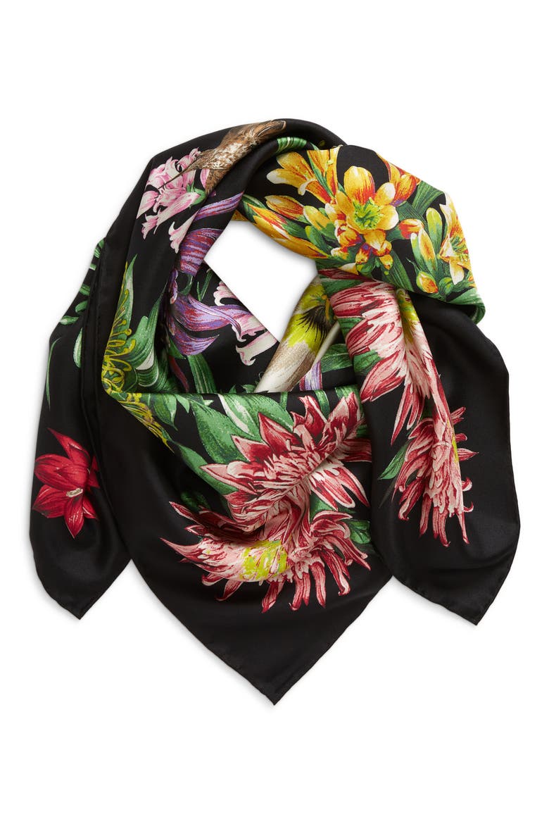 Blooms of Oceania Silk Square Scarf, Main, color, BLACK